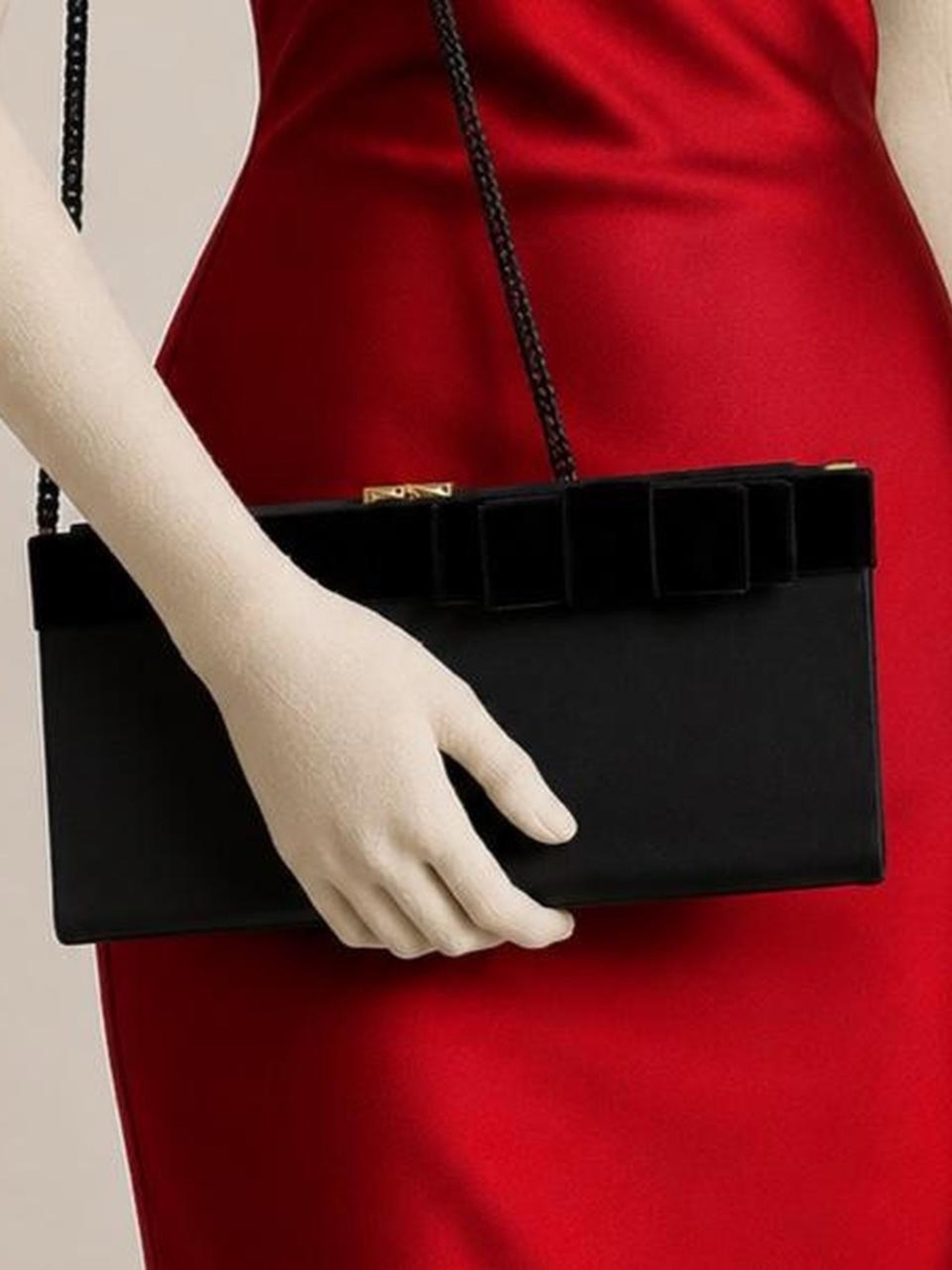 Valerie Stevens Black Satin Bow Clutch with Chain Strap